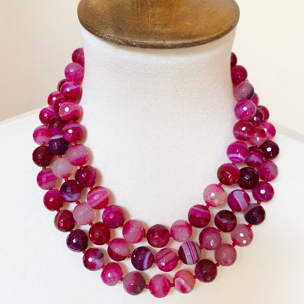 Kenneth Jay Lane Couture Triple Strand Faceted Glass Necklace Pink and Raspberry
